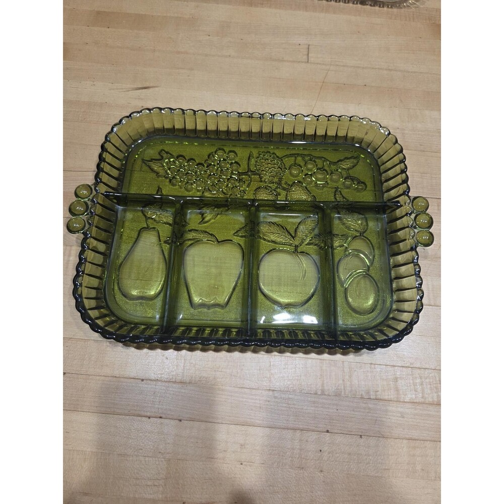 Pair of Vintage Indiana Glass Divided Relish Trays 12" Green and Clear